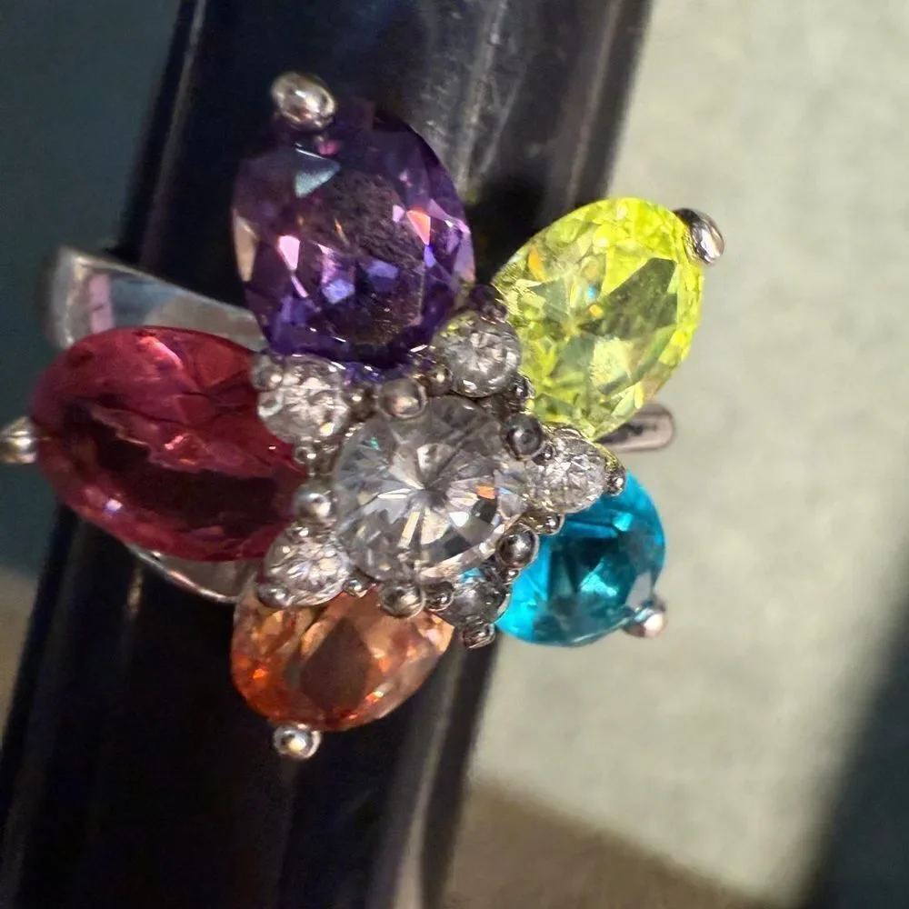 Colorful Flower Cocktail Ring with Multicolor Gemstones – Size 9.5
